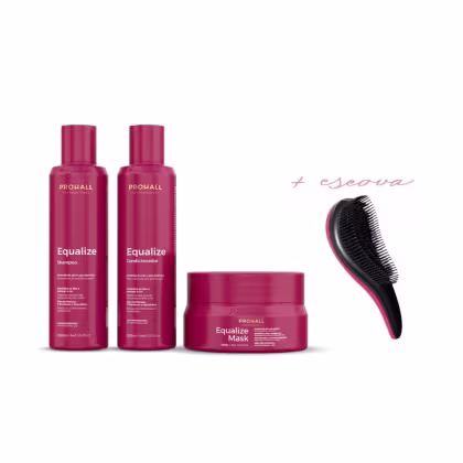 Kit com shampoo, condicionador e máscara Equalize, além de escova de cabelo raquete, da marca Prohall Cosmetic.