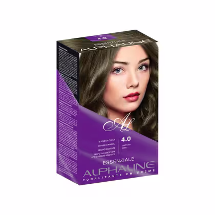 É uma caixa de tinta para cabelo da marca Alpha Line, da linha Essenziale. A embalagem é uma caixa na cor roxa, com detalhes em branco. há a imagem de uma mulher com cabelos castanhos. Indica que é um "Tonalizante em Creme" na cor 4.0 Castanho Médio.