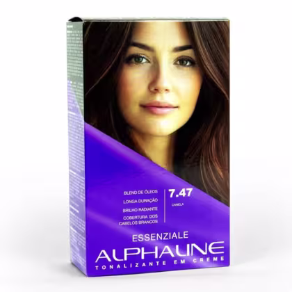 Produto de coloração capilar em creme da linha Alphaline Essenziale. Embalagem retangular azul. Na parte frontal, imagem de uma modelo de cabelos castanhos. Texto indicando a tonalidade "7.47 Canela",