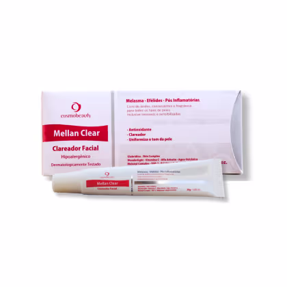 Clareador facial da marca Cosmobeauty, chamado "Mellan Clear". Se trata de um clareador facial hipoalergênico, dermatologicamente testado, que visa tratar manchas, uniformizar o tom da pele e reduzir a inflamação.