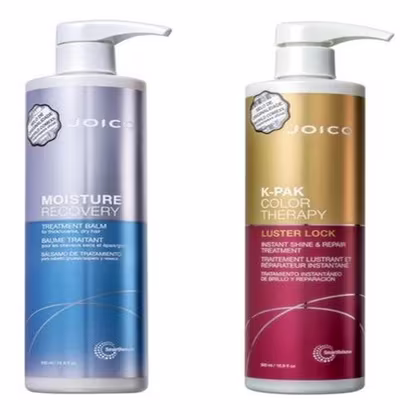 A imagem mostra dois produtos de tratamento capilar da marca Joico. À esquerda, um frasco bomba azul e branco com o rótulo "Moisture Recovery Treatment Balm". À direita, um frasco bomba dourado e vermelho com o rótulo "K-Pak Color Therapy Luster Lock"