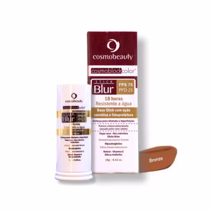 Bastão de proteção solar com uma tampa branca. A cor predominante do produto é um tom de bronze.