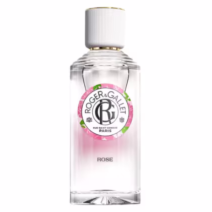 Frasco de perfume da marca Roger & Gallet, com rótulo rosa e branco, contendo a fragrância "Rose". O frasco é de vidro transparente com tampa branca e dourada.