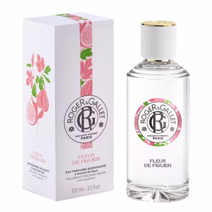 Frasco de perfume da marca Roger & Gallet, com embalagem branca e detalhes florais em tons de rosa e verde. O rótulo apresenta o nome do produto "Fleur de Figuier" e a marca em destaque.