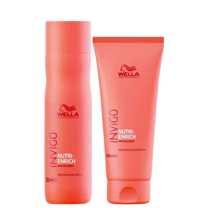 Shampoo de 250ml e condicionador de 200ml da linha de nutrição Nutri-Enrich. Embalagens com cor alaranjada.