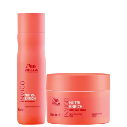Frasco de shampoo com o logotipo da Wella e o nome "Nutri-Enrich with Goji Berry" impresso. Também há uma máscara capilar na mesma cor laranja.