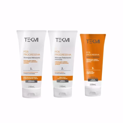 A imagem mostra três produtos: um Shampoo Hidratante em um frasco branco de 200ml, uma Máscara Tratamento Intensivo em um frasco branco de 200ml, um Leave-in Hidratante em um frasco laranja de 120ml, que complementa o tratamento pós-progressiva.