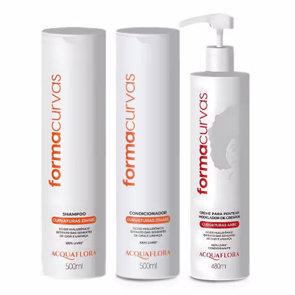 Três produtos Acquaflora para cuidados com os cabelos: shampoo, condicionador e creme para pentear, em embalagens brancas com detalhes em laranja, contendo informações sobre os ingredientes e benefícios.