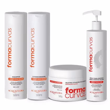 Conjunto de produtos Acquaflora para cuidados com cabelos cacheados, incluindo shampoo, condicionador, creme modelador e gelatina ativadora, em embalagens brancas com detalhes em laranja.