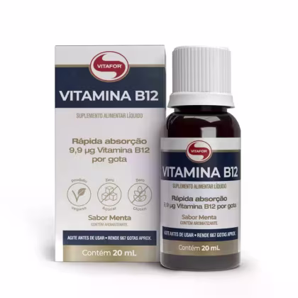 Suplemento alimentar líquido de Vitamina B12 da marca Vitafor, em frasco de 20 ml com rótulo em cores azul, branco e vermelho. Destaca a rápida absorção e a quantidade de 9,9 μg de Vitamina B12 por gota.