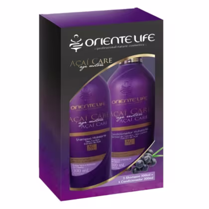 A imagem mostra uma caixa com dois frascos roxos de shampoo e condicionador.