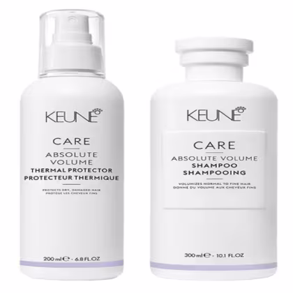 O primeiro produto é um protetor térmico para cabelos. O segundo produto é um shampoo para dar volume aos cabelos, também com embalagem em frasco branco e rótulo preto. Ambos os produtos possuem a marca Keune impressa em destaque.