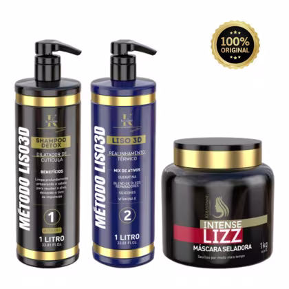 A imagem mostra três produtos de beleza da marca Kerastinni. Dois são frascos de plástico com bombas dosadoras, um preto e outro azul, ambos com detalhes dourados.