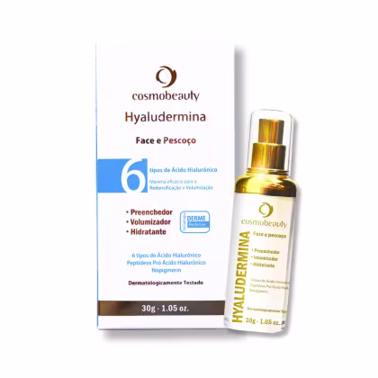 Sérum facial da marca Cosmobeauty, chamado Hyaludermina. O rótulo do produto exibe o nome "Hyaludermina" e algumas informações sobre suas propriedades, como "Preenchedor", "Volumizador" e "Hidratante".