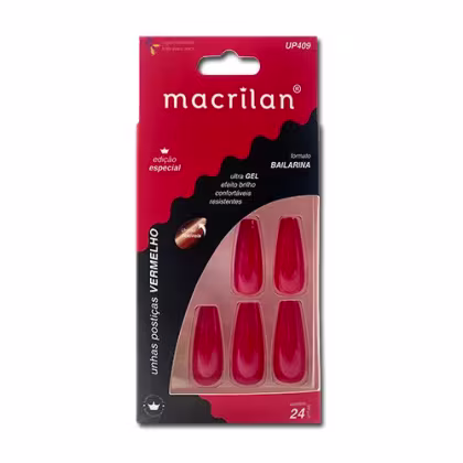 Unhas Postiças Autocolantes Macrilan UP409 Bailarina Vermelho, 24 unidades.