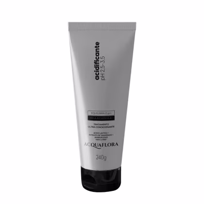Tubo de tratamento ultra condicionante Acquaflora com 240g, embalagem cinza e preta, com rótulo indicando "Equilibra o pH, sela a cutícula" e ingredientes como ácido lático e extrato de tamarindo.