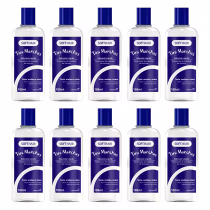 Frascos de 100ml da linha de sabonetes líquidos Tira Manchas da marca Softhair, com embalagens de plástico branco e tampas azuis. O rótulo destaca o nome do produto e sua função de remover manchas.