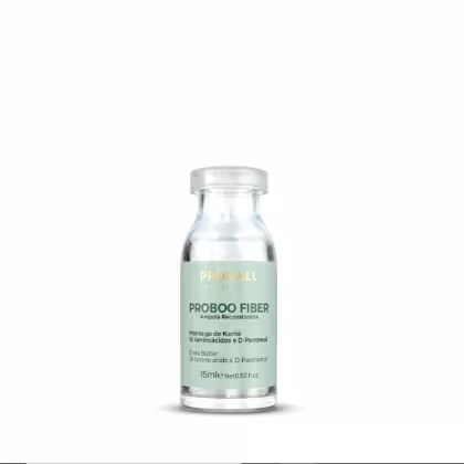 Ampola de reconstrução capilar da linha Proboo Fiber da marca Prohall Cosmetic. O rótulo do produto exibe o nome "PROBOO FIBER" em destaque, juntamente com informações sobre os ingredientes, como manteiga de karité, aminoácidos e D-pantenol.