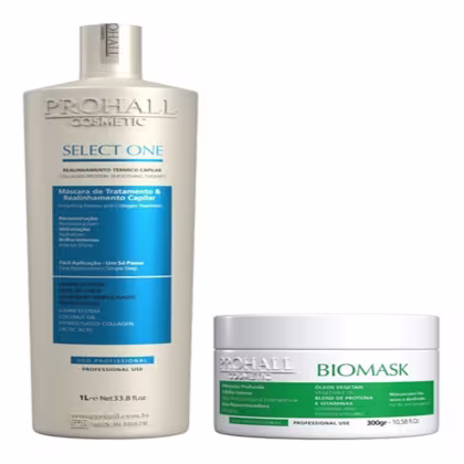 Há dois itens visíveis: um frasco de 1 litro com rótulo azul, identificado como "Select One", e um pote branco com rótulo verde, identificado como "Biomask".