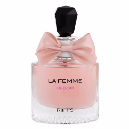 Perfume La Femme Bloom Riiffs Eau de Parfum 100ml Frasco de perfume com tampa preta e laço rosa, em embalagem de vidro transparente.