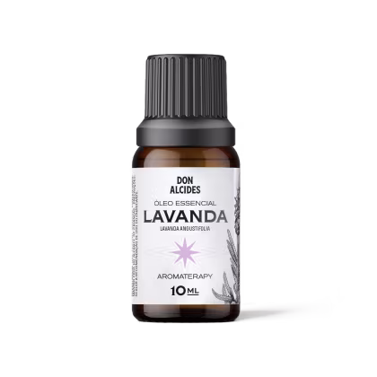 Frasco de óleo essencial de lavanda da marca Don Alcides, com rótulo branco e preto, contendo 10 ml do produto. O frasco possui tampa plástica preta com ranhuras verticais.