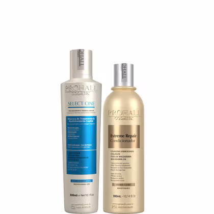 Dois produtos da marca Prohall Cosmetic. O produto da esquerda é uma máscara de tratamento e realinhamento capilar da linha Select One. O produto da direita é um condicionador da linha Extreme Repair, com embalagem em frasco plástico dourado.