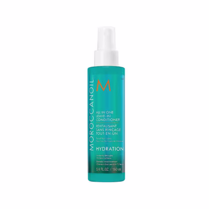 A imagem mostra o produto Moroccanoil Hydration All in One Leave-in Conditioner 160ml, embalagem em formato de spray, cor turqesa e com tampa branca. Rótulo com o nome do produto e descrições em letras brancas e laranja.
