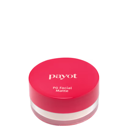 A imagem apresenta embalagem redonda compacta com tampa vermelha. A tampa superior exibe o logotipo "payot" em letras brancas. O rótulo na parte frontal indica "Pó Facial Matte" em texto branco sobre fundo vermelho.