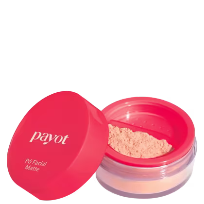 A imagem apresenta embalagem redonda compacta com tampa aberta. Dentro, aparece o pó em tom médio.