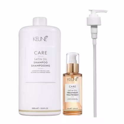 Imagem do produto Kit Keune Satin Oil Shampoo 1000ml + Óleo 95ml + Válvula Pump