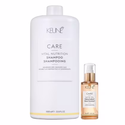 Produtos de cuidado capilar Keune. Um shampoo nutritivo para cabelos secos e danificados em uma embalagem branca de 1000 ml. Um tratamento de óleo seco em um frasco âmbar de 95 ml.