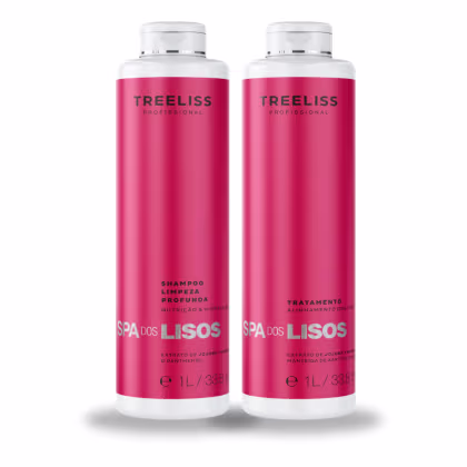 São dois frascos de shampoo e tratamento capilar da marca TreeLiss Profissional. Os frascos têm formato cilíndrico e são feitos de plástico branco na parte superior e vermelho na parte inferior.