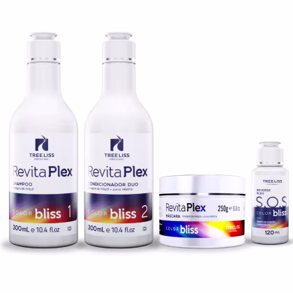 A imagem mostra uma linha de produtos de tratamento capilar da marca TreeLiss Professional. Há dois frascos de shampoo e condicionador, um pote de máscara capilar e um frasco de tratamento Reverse Plex S.O.S Color Bliss de 120ml.