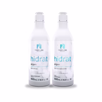 Dois frascos de 500ml cada, contendo shampoo e condicionador da linha Hidrat Argan da marca TreeLiss Profissional. Os frascos têm formato cilíndrico e tampas brancas. O rótulo frontal apresenta o logotipo da marca em azul, o nome do produto "hidrat argan"