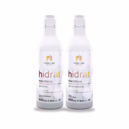 Dois frascos plásticos brancos de 500ml cada, contendo shampoo e condicionador da linha Hidrat Mandioca da marca TreeLiss Profissional. Os frascos têm formato cilíndrico com tampa branca.