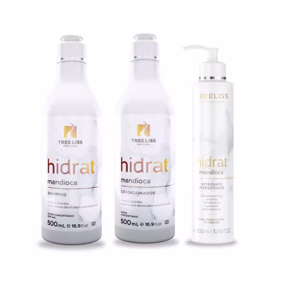 Produtos de cuidado capilar TreeLiss Profissional da linha Hidrat Mandioca. Dois frascos plásticos brancos de 500ml cada, um contendo shampoo e o outro condicionador. Um frasco branco de 300ml contendo um defrizante ativador.
