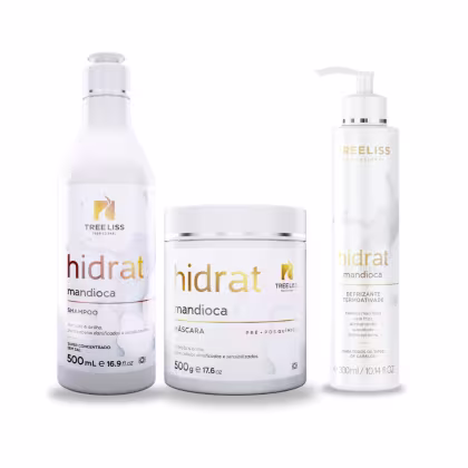 Produtos de cuidados capilares TreeLiss Profissional da linha Hidrat Mandioca. Inclui um shampoo em frasco plástico branco de 500ml, uma máscara em pote plástico branco de 500g e um defrizante termoativado em frasco plástico branco de 300ml.
