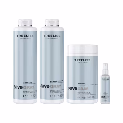 A imagem mostra uma linha de produtos para cabelos grisalhos da marca TreeLiss Profissional. Há dois frascos grandes de shampoo e condicionador "Save Gray" de 1 litro cada, uma máscara capilar de 1kg e um spray líquido.