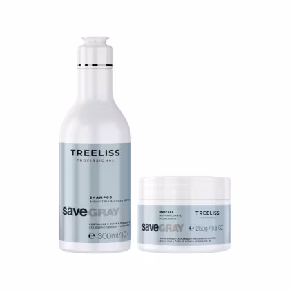 Produtos para cabelos grisalhos da linha TreeLiss Profissional Save Gray. Um shampoo em frasco plástico transparente de 300ml, com rótulo azul claro contendo o nome do produto. Uma máscara capilar em pote plástico branco opaco de 250g.