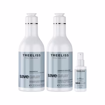 Produtos TreeLiss Profissional para cabelos grisalhos. Dois frascos de 300ml de shampoo e condicionador da linha "Save Gray", com embalagens cilíndricas e rótulos azuis. Um frasco menor de 60ml de um produto revitalizador da mesma linha.