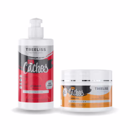 Produtos de tratamento capilar TreeLiss Profissional. Um frasco plástico vermelho de 250ml contendo um ativador líquido denominado "Spa dos Cachos". Um pote plástico laranja de 250g contendo uma máscara de hidratação capilar chamada "Spa dos Cachos".