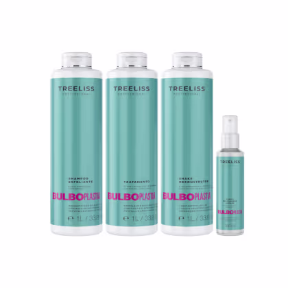 Produtos de tratamento capilar TreeLiss Profissional da linha Bulboplastia. Três frascos grandes de 1 litro cada: shampoo esfoliante, tratamento e shake reconstrutor. Um frasco menor de spray de 120ml na mesma cor e estilo.