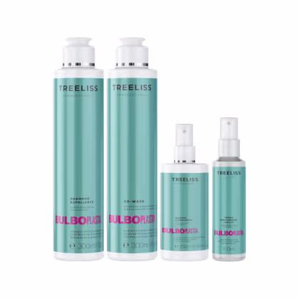 A imagem mostra uma linha de produtos de cuidados capilares da marca TreeLiss Profissional. Há quatro itens: shampoo esfoliante, shampoo higienizador, co-wash e tônico.