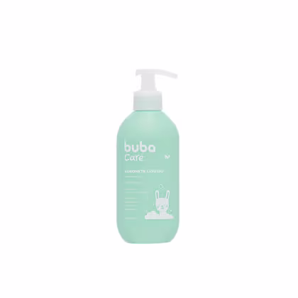 Sabonete líquido Buba Care em embalagem plástica verde clara de 250ml. Rótulo frontal com o logotipo e nome da marca "Buba Care" em letras brancas, além de informações como "Sabonete Líquido cabelos e peles" e ilustração de um coelho.