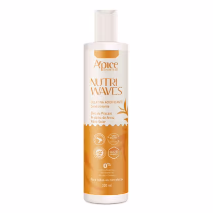 Frasco de gelatina capilar Nutri Waves da marca Apice Cosméticos, com 300 ml de volume, embalagem branca e laranja, contendo informações sobre os ingredientes e benefícios do produto.