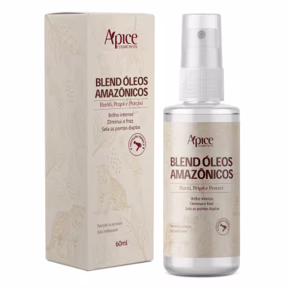 Blend de Óleos Amazônicos da marca Apice Cosméticos. O frasco contém 60ml do produto, que é descrito como um blend de óleos para todas as curvaturas, com ação condicionante.