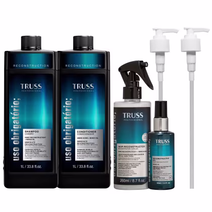 A imagem mostra 4 produtos da linha Uso Obrigatório: shampoo e condicionador de 1L, fluido de tratamento em spray de 260ml e óleo de 60ml. Todos possuem embalagem preta com detalhes em azul escuro no rótulo. Ao lado, duas válvulas pump.