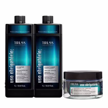 A imagem mostra dois frascos grandes de 1L de shampoo e condicionador TRUSS, frasco preto com azul, e um pote redondo de máscara capilar.