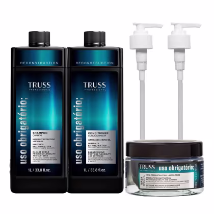 A imagem mostra dois frascos grandes de 1L de shampoo e condicionador TRUSS, frasco preto com azul, e um pote redondo de máscara capilar, ao lado de duas válvulas pump.