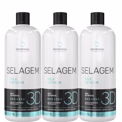 Três frascos de escova progressiva passo único Borabella com 1 litro cada. Os frascos possuem rótulos com o nome "Selagem Silk Sericin" e a indicação "3D Semi Definitive One Step". O rótulo menciona "Maciez & Hidratação Brilho Gloss".